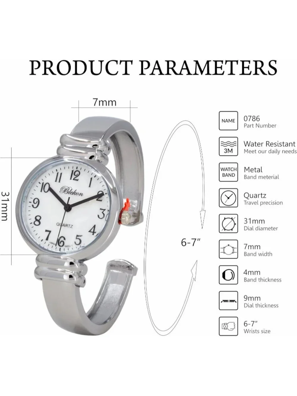 Women's Silver Analog Quartz Classic Solid Easy Read Bangle Cuff Bracelet Watch